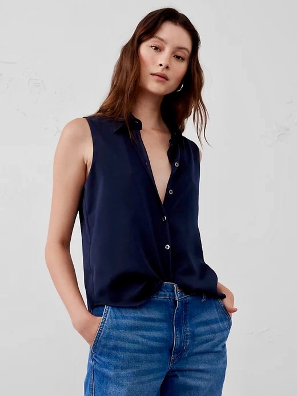 Banana Republic Factory Navy Sleeveless Button Front Blouse Petite S